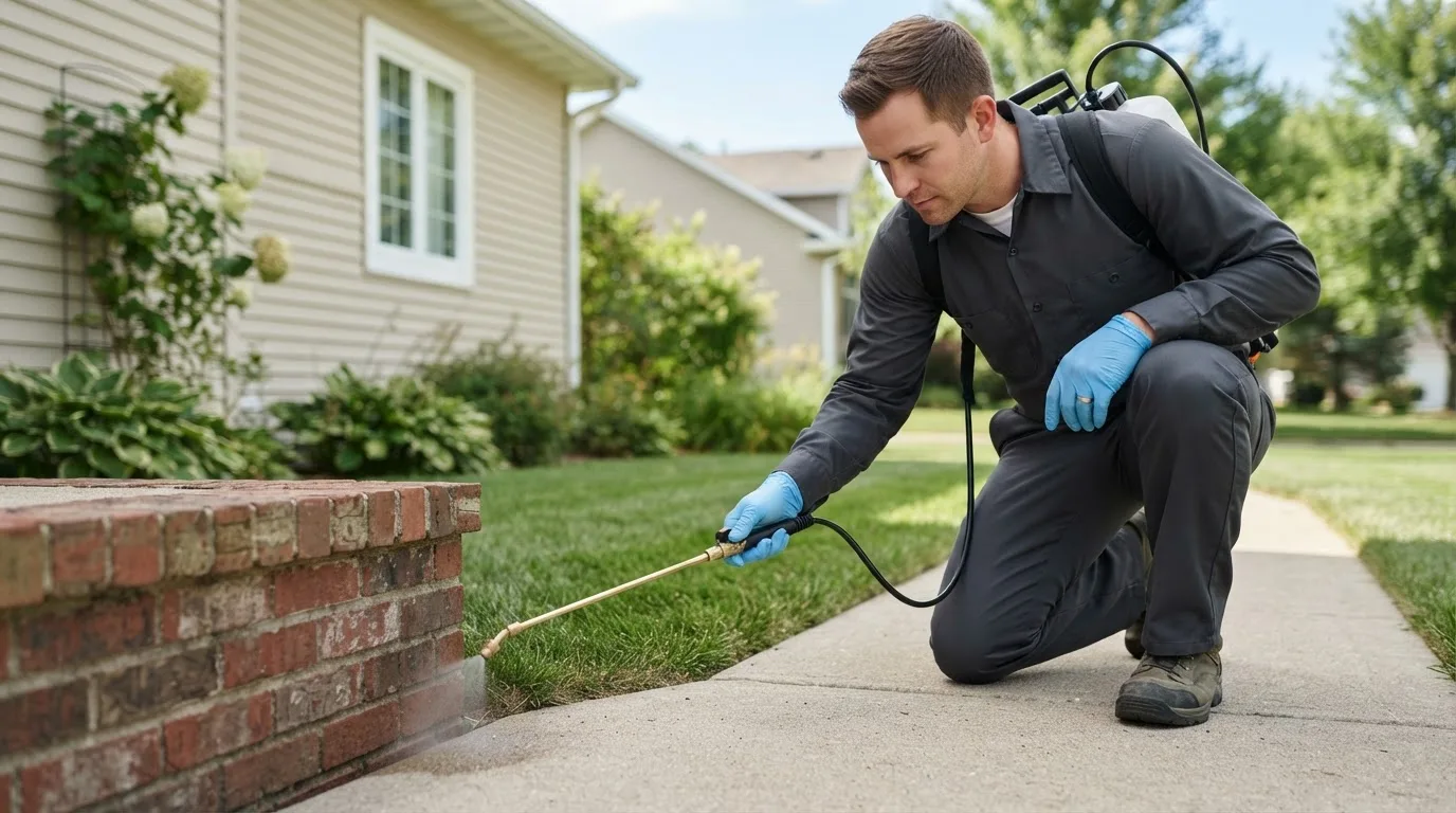 Pest control technician treating a home near Kingfield, ME