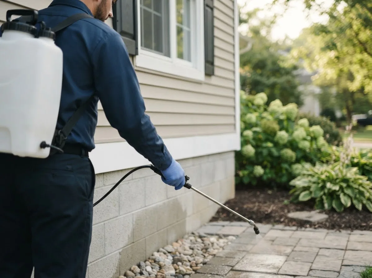 Pest control technician inspecting a home in Kingfield, ME
